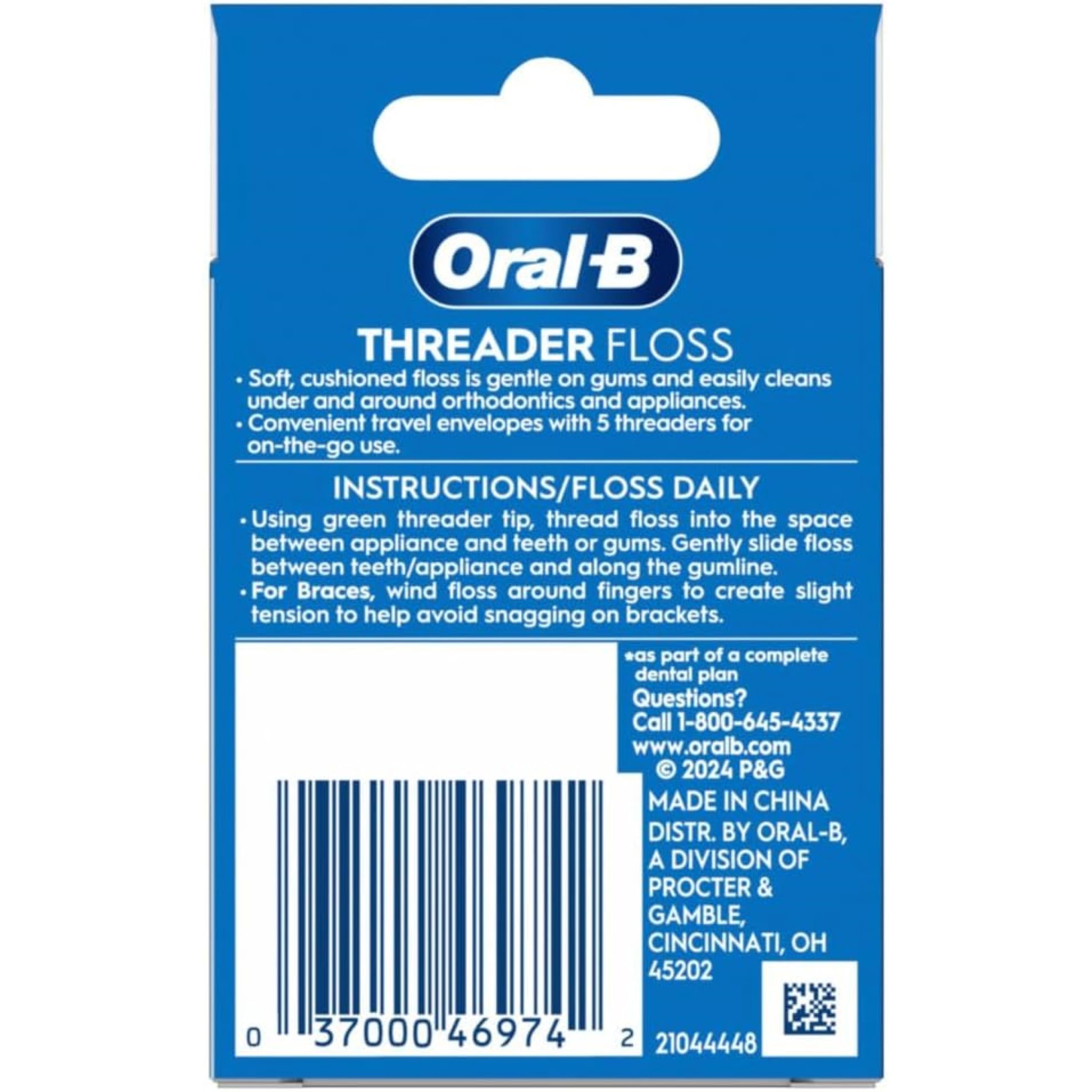 Oral-B sobre abierto mostrando 5 enhebradores y su conveniencia