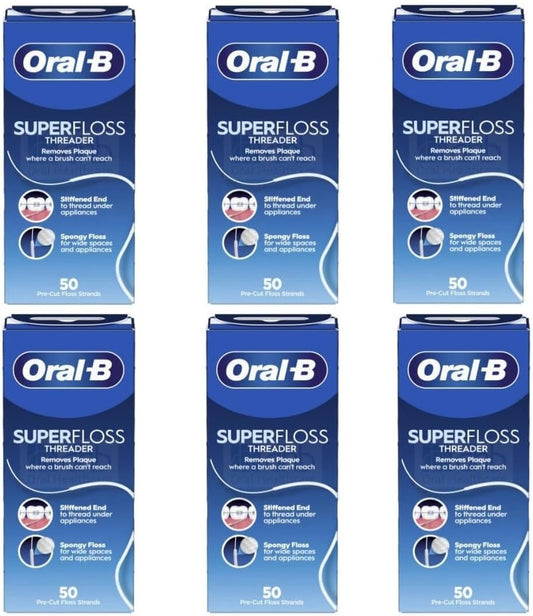 Oral-B vista frontal del paquete con hebras pre-cortadas y beneficio de higiene rápida