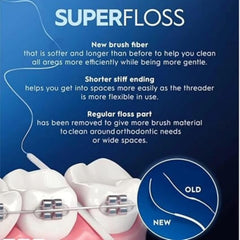 Primer plano del extremo rígido Oral-B Super Floss facilitando el enhebrado bajo alambres