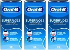 Oral-B Super Floss frente del empaque mostrando 3 paquetes y beneficio de suministro prolongado