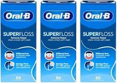 Oral-B Super Floss frente del empaque mostrando 3 paquetes y beneficio de suministro prolongado