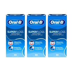 Oral-B Super Floss frente del empaque mostrando 50 hebras y beneficio de conveniencia
