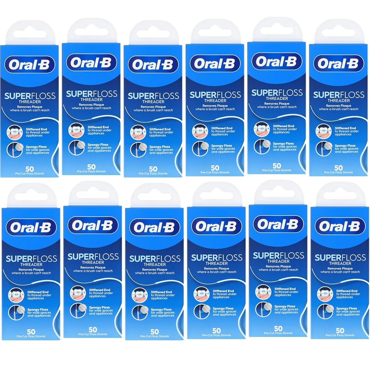 Oral-B envase frontal de Super Floss mostrando paquete múltiple y beneficio de suministro prolongado