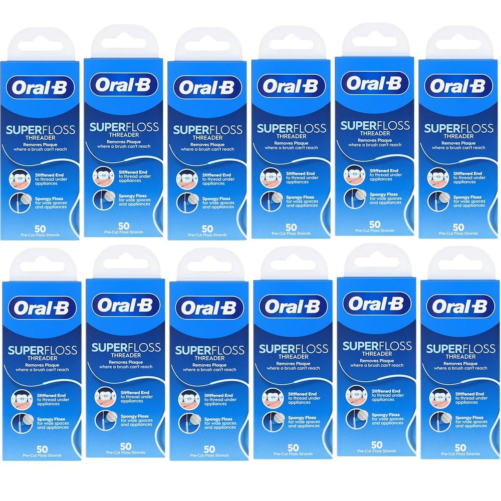Oral-B envase frontal de Super Floss mostrando paquete múltiple y beneficio de suministro prolongado