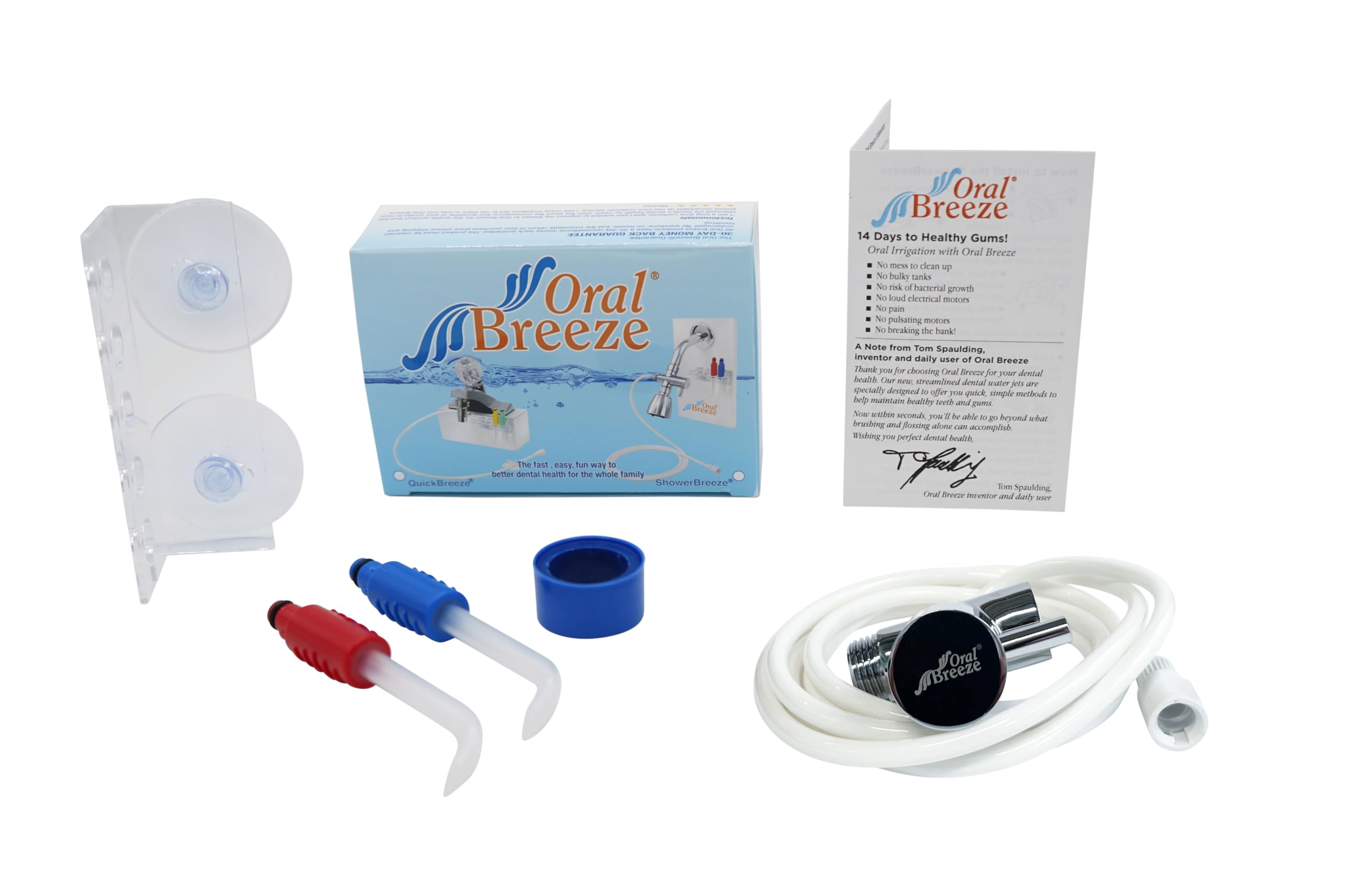 Oral Breeze comparación de tamaño junto a accesorios de baño para escala