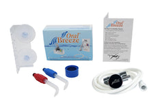 Oral Breeze comparación de tamaño junto a accesorios de baño para escala