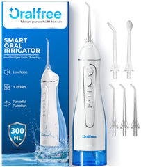 Oralfree frontal del irrigador mostrando diseño portátil y control fácil