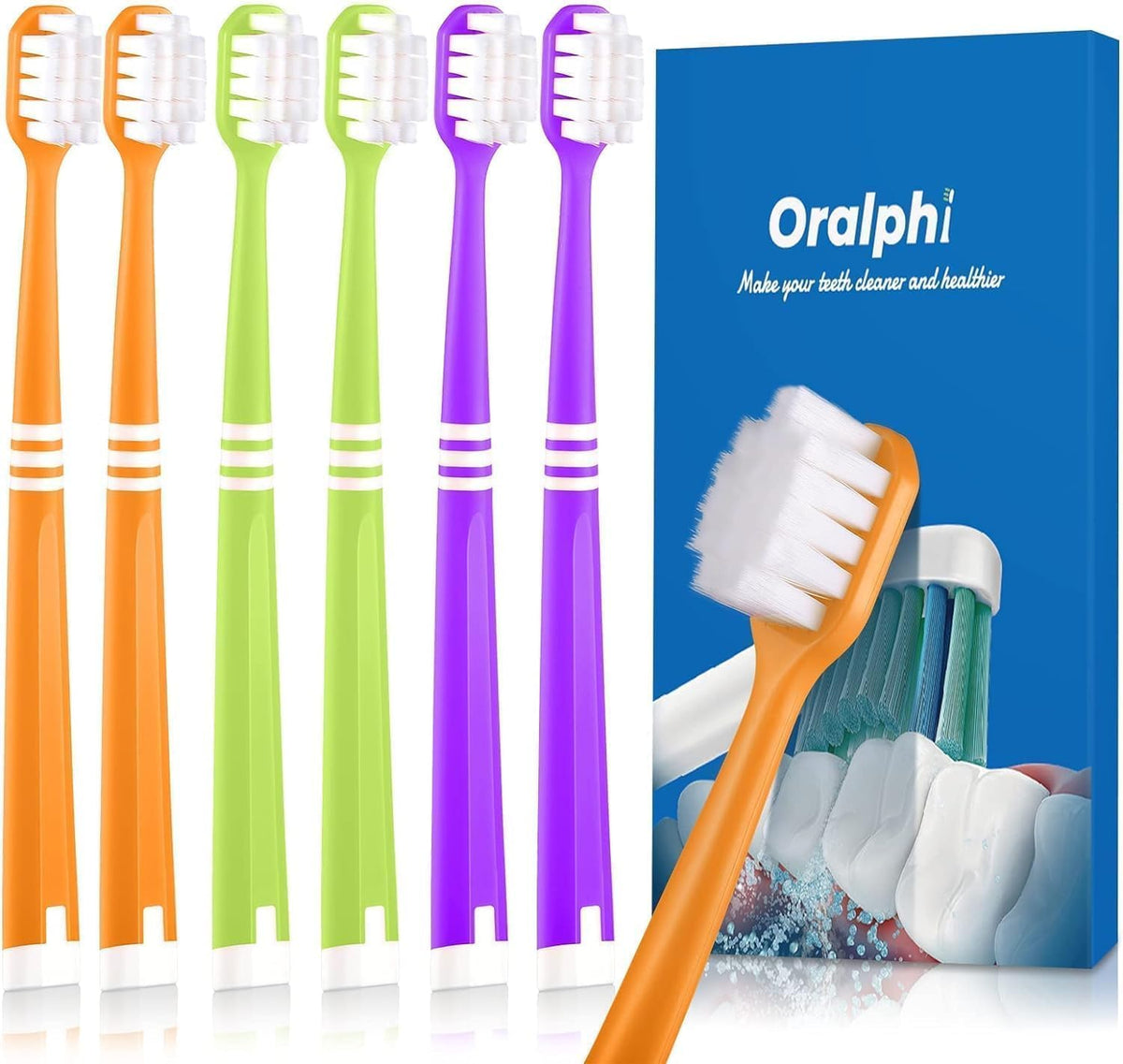 Oralphi vista frontal del paquete de seis cepillos beneficios limpieza familiar