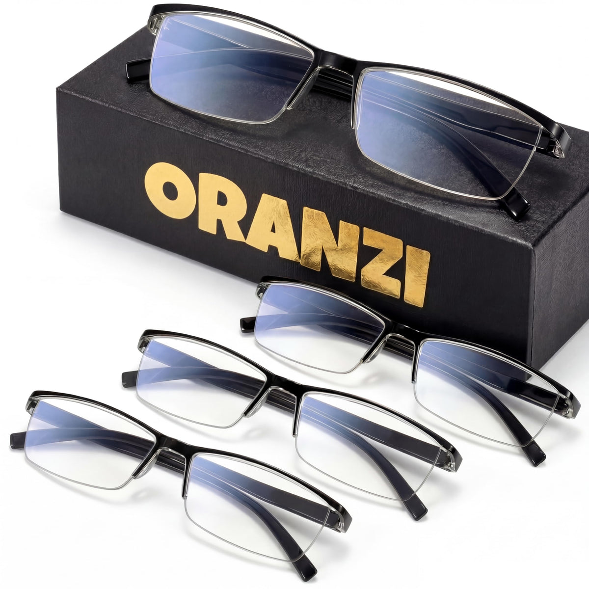 ORANZI vista frontal del pack de 4 gafas, conveniencia inmediata