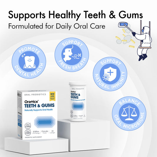 OraTicx grape-flavor lozenges packaging highlighting daily probiotic use.