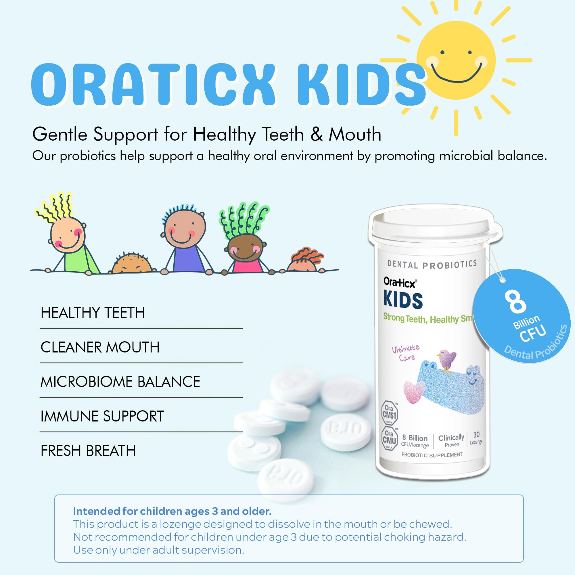 OraTicx pastilla en primer plano mostrando color y atractivo infantil