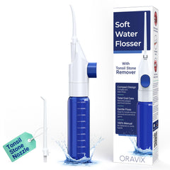 ORAVIX irrigador frontal paquete mostrando diseño portátil y beneficio de movilidad
