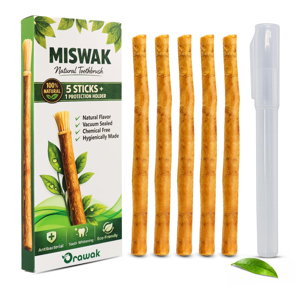ORAWAK palito Miswak frontal del empaque mostrando frescura y portabilidad