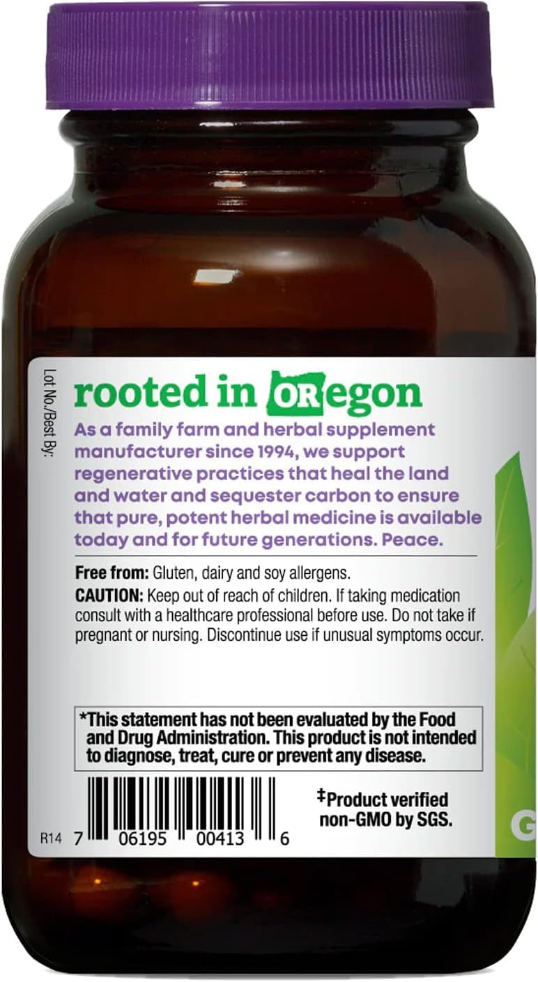 Oregon's Wild Harvest etiqueta con información de dosificación y extracto estandarizado
