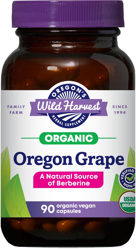 Oregon's Wild Harvest frente del envase mostrando 90 cápsulas y beneficios orgánicos