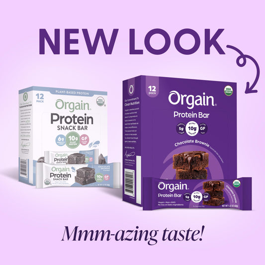 Orgain primer plano de barra con textura suave y chocolate visible para disfrute