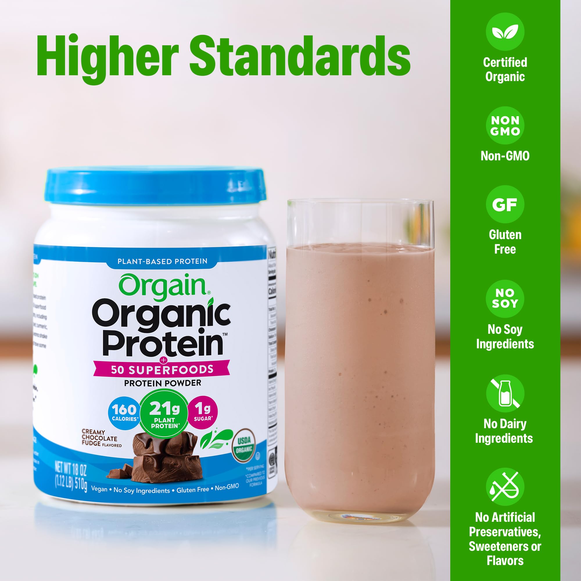Orgain batido de chocolate en vaso listo para beber y recuperar energía