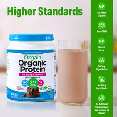 Orgain batido de chocolate en vaso listo para beber y recuperar energía