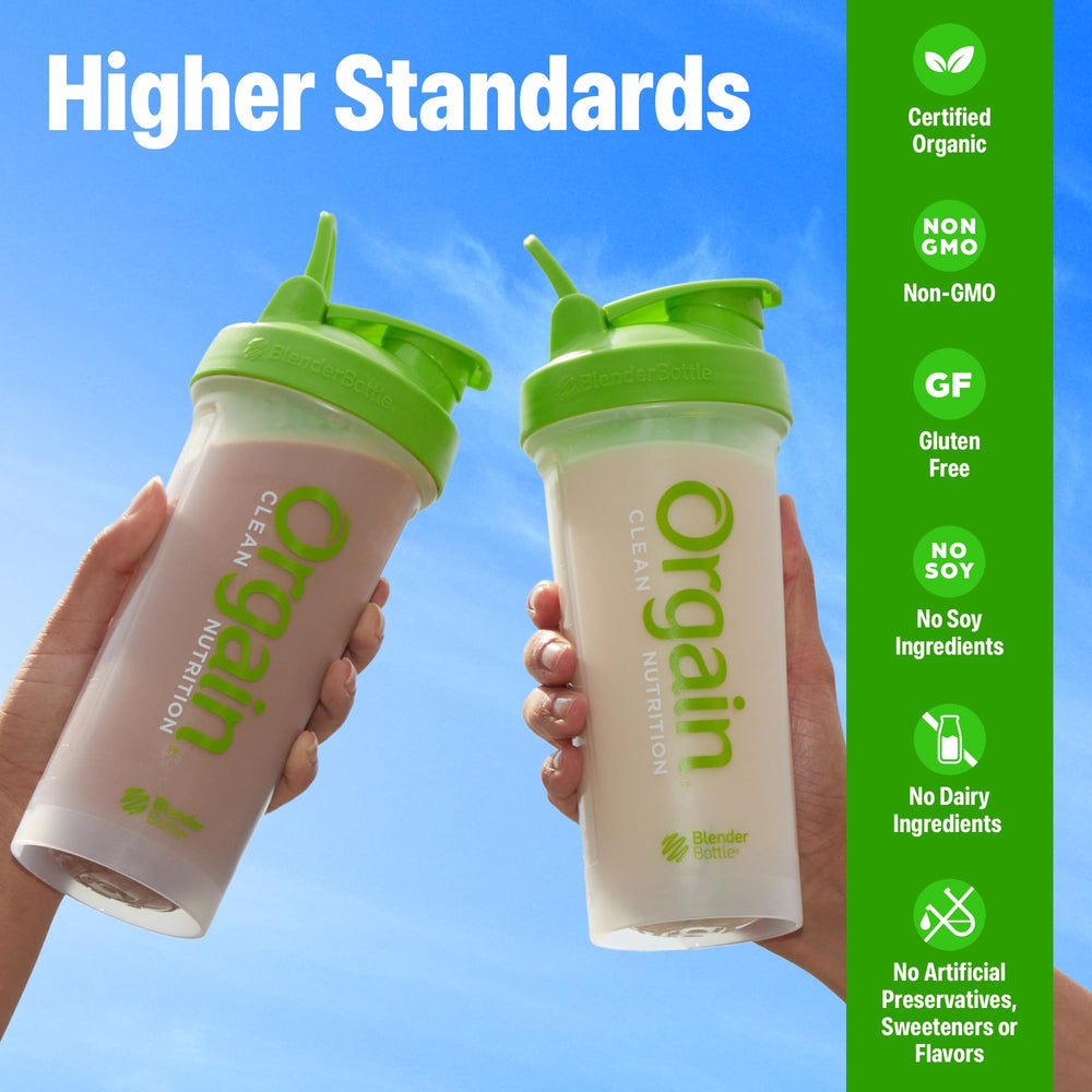 Orgain batido de chocolate en vaso servido, sabor cremoso y nutritivo