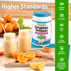 Orgain batido de vainilla servido, aporte proteico y sabor