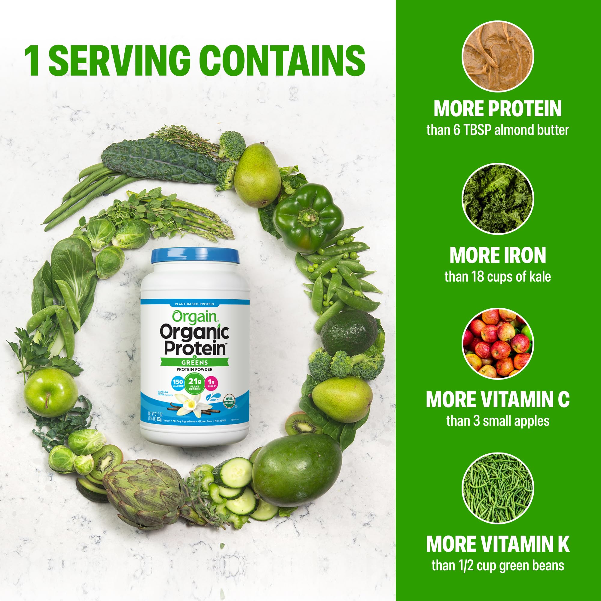 Mezcla greens Orgain con espinaca, brócoli y kale para vitaminas y hierro
