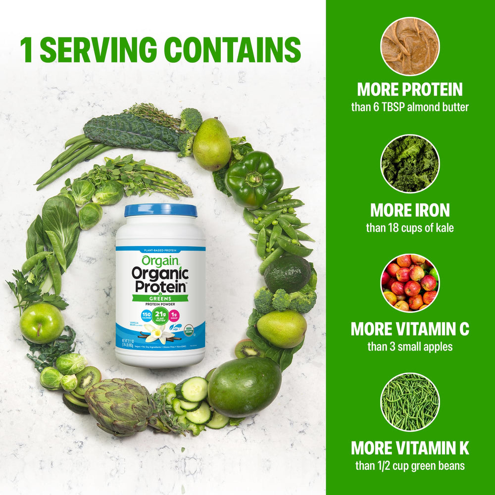 Mezcla greens Orgain con espinaca, brócoli y kale para vitaminas y hierro