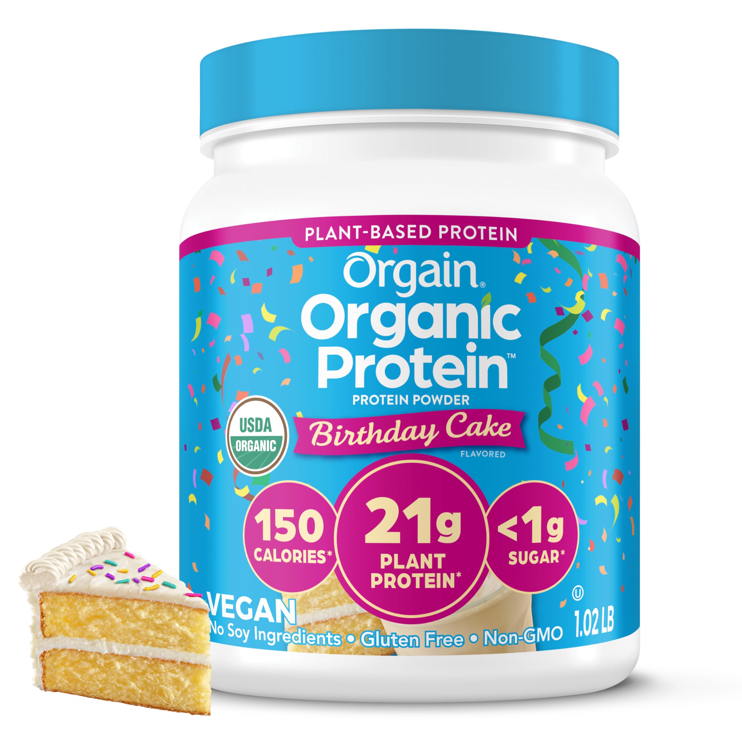 Orgain bote frontal Birthday Cake con etiqueta clara y beneficios visibles