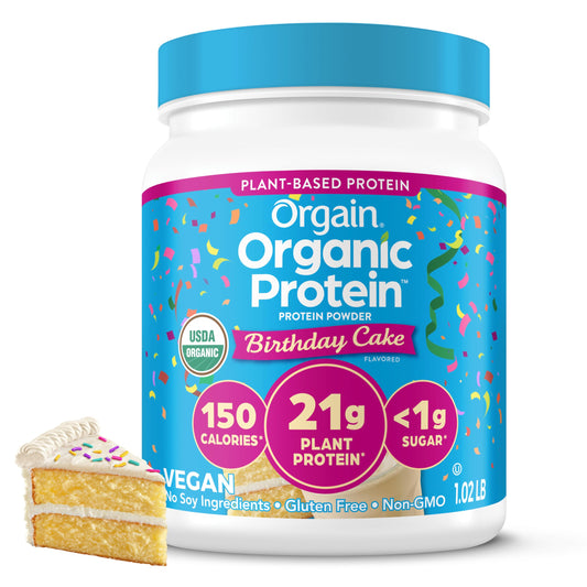 Orgain bote frontal Birthday Cake con etiqueta clara y beneficios visibles