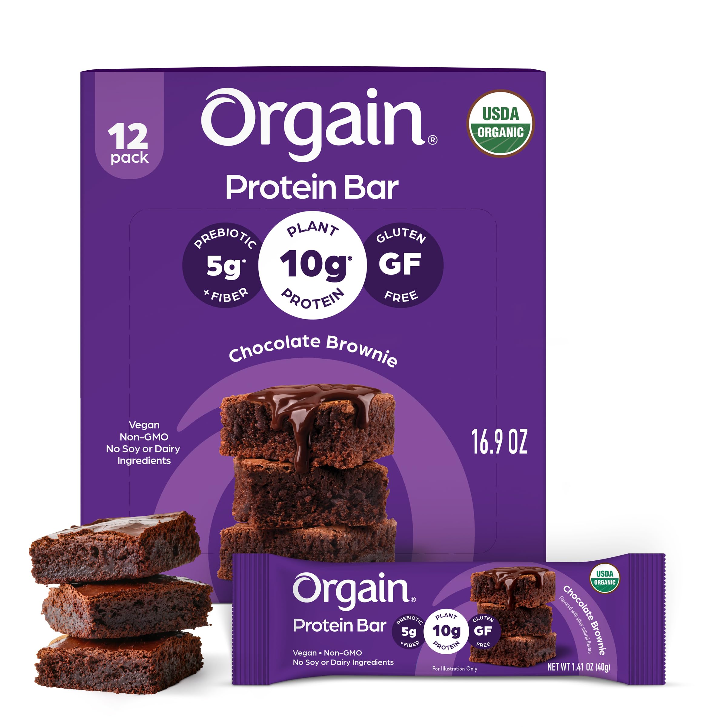 Orgain empaque frontal Chocolate Brownie mostrando paquete de 12 y ventaja orgánica