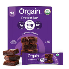Orgain empaque frontal Chocolate Brownie mostrando paquete de 12 y ventaja orgánica