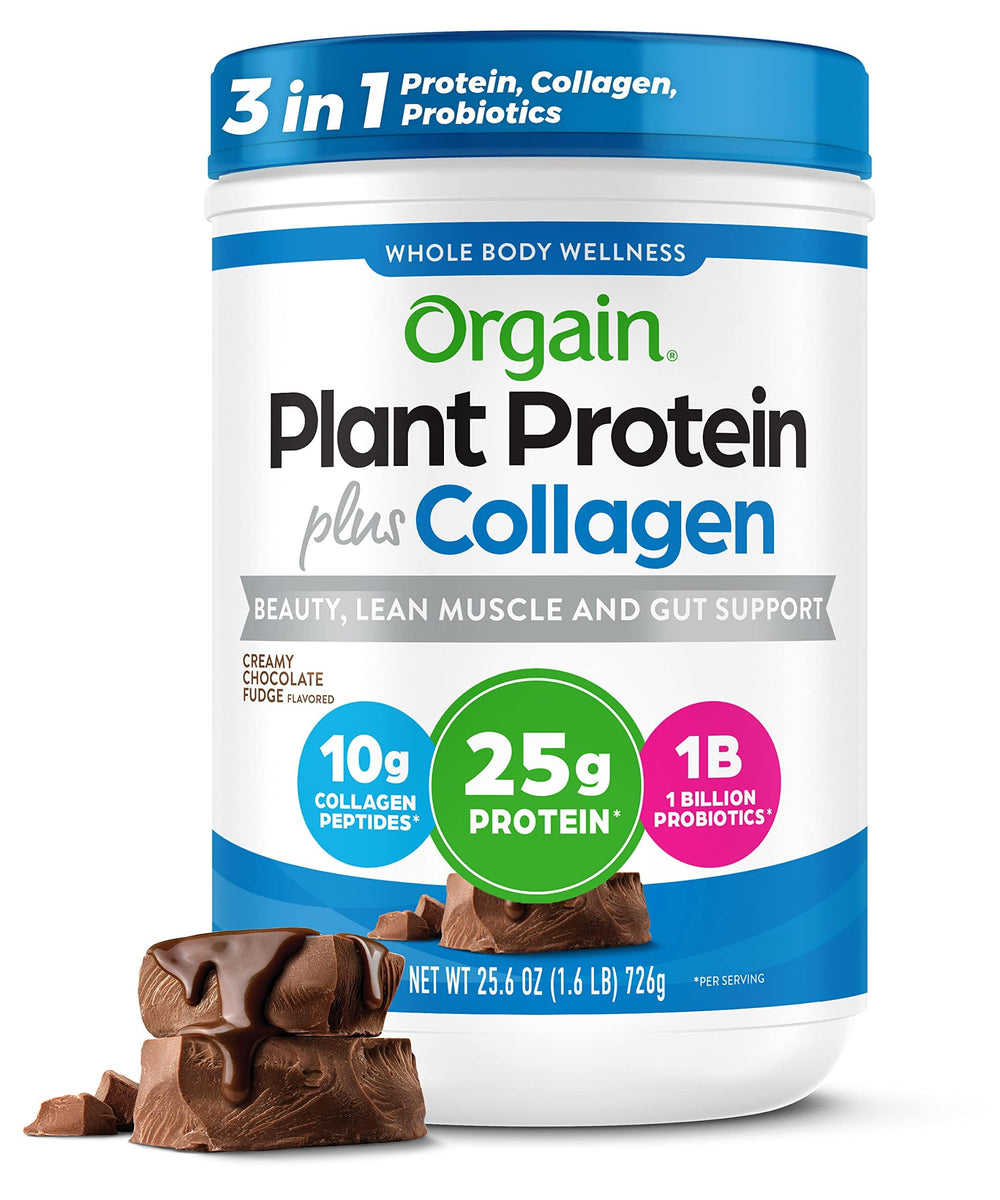 Orgain frente del empaque mostrando sabor chocolate fudge y beneficio de proteína