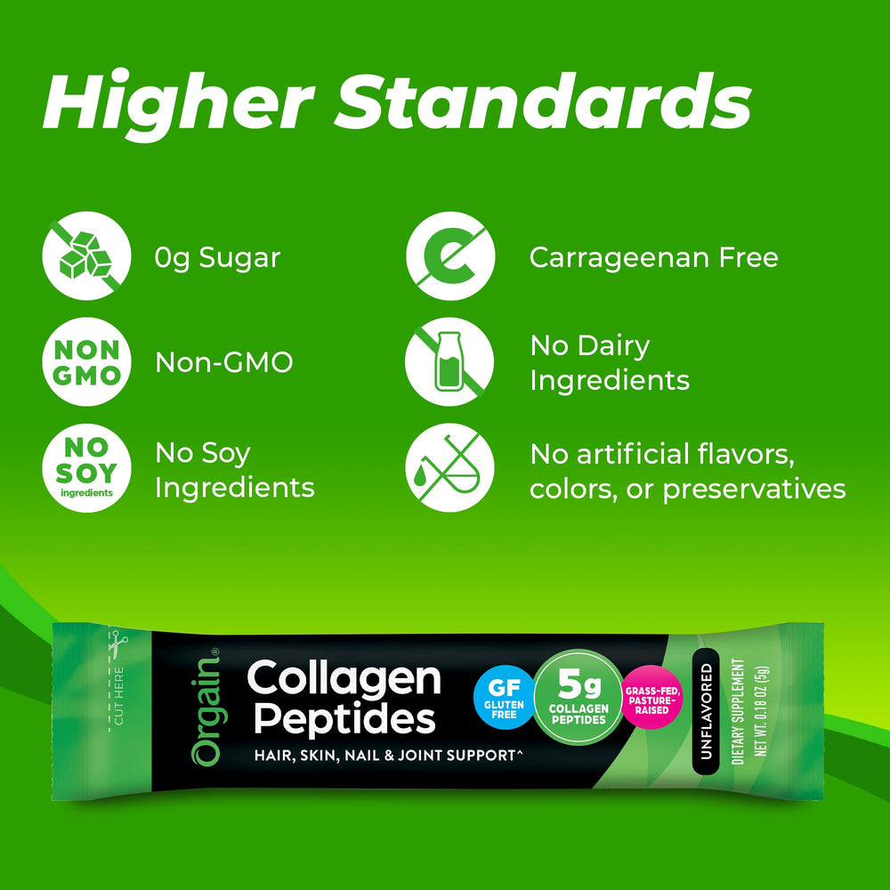 Orgain etiqueta de ingredientes indicando colágeno grass-fed y aminoácidos