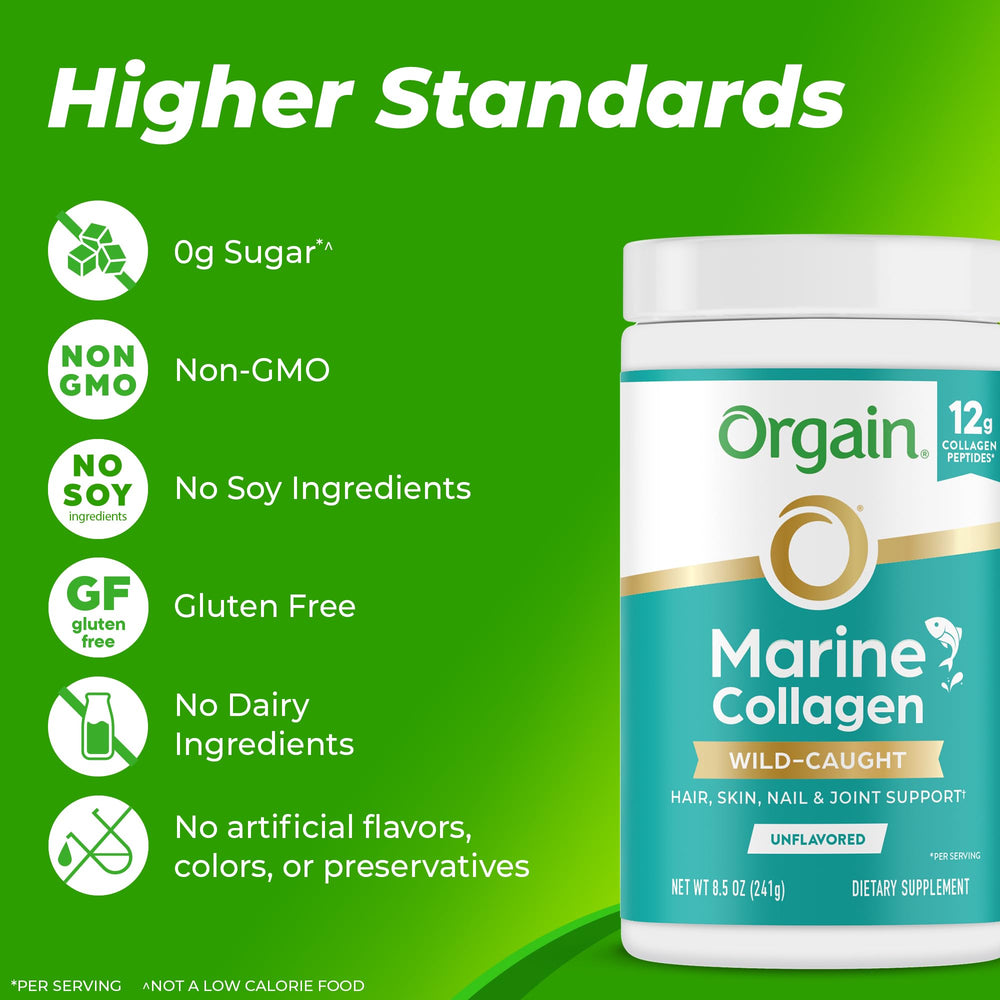 Etiqueta nutricional de Orgain Colágeno Marino mostrando 12g de péptidos por porción