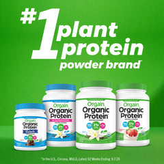 Orgain envase junto a mano para comparar tamaño y porciones del producto