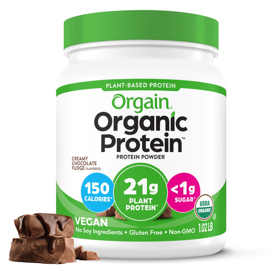 Envase Orgain Crema Chocolate Fudge frente, muestra confianza en sabor