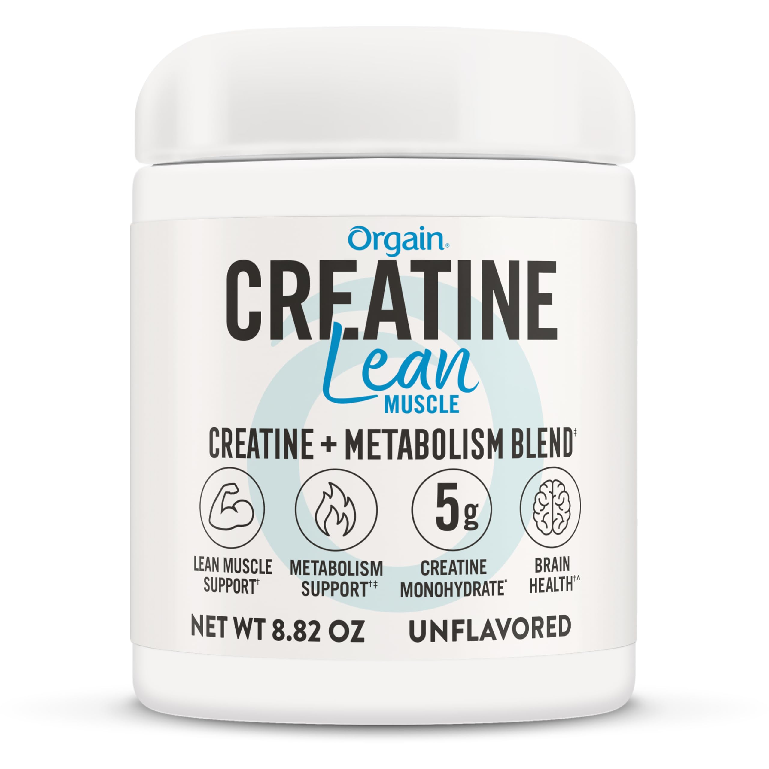 Envase frontal de Orgain Creatine Lean Muscle mostrando 8.82oz y diseño claro, aporta confianza