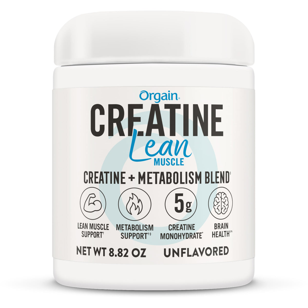Envase frontal de Orgain Creatine Lean Muscle mostrando 8.82oz y diseño claro, aporta confianza