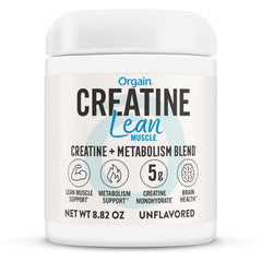 Envase frontal de Orgain Creatine Lean Muscle mostrando 8.82oz y diseño claro, aporta confianza