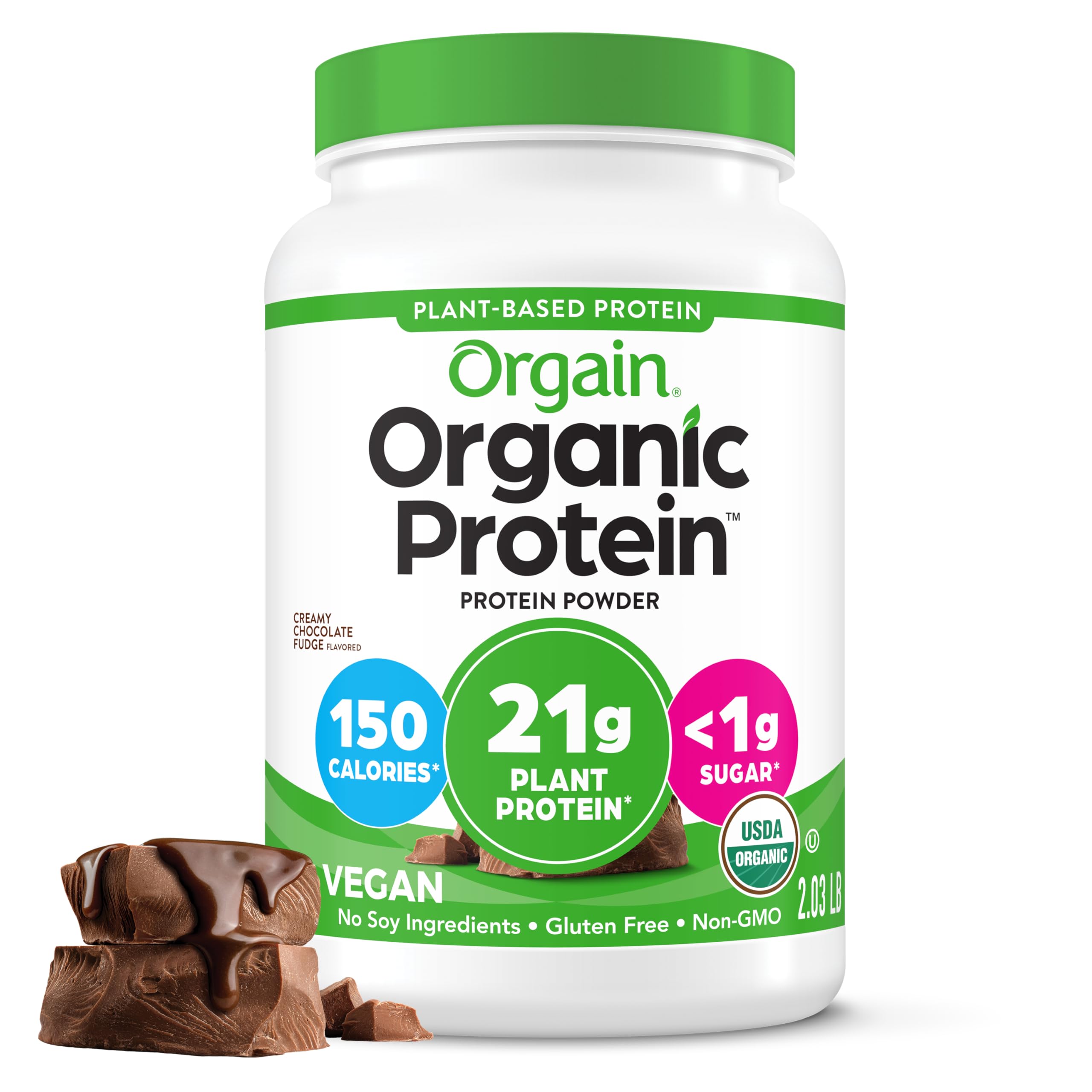 Orgain empaque frontal crema chocolate fudge mostrando etiqueta y beneficios