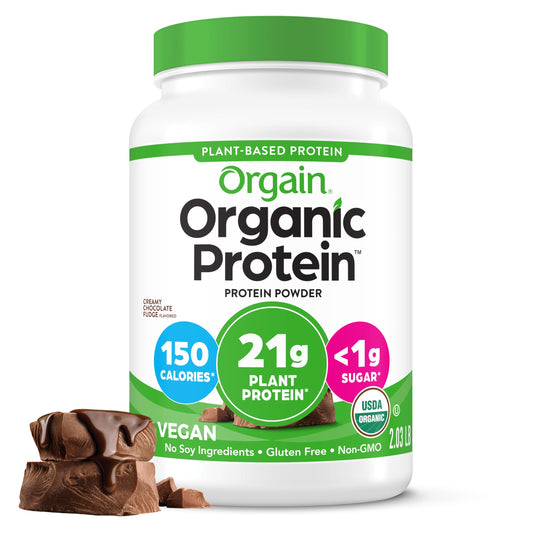 Orgain empaque frontal crema chocolate fudge mostrando etiqueta y beneficios