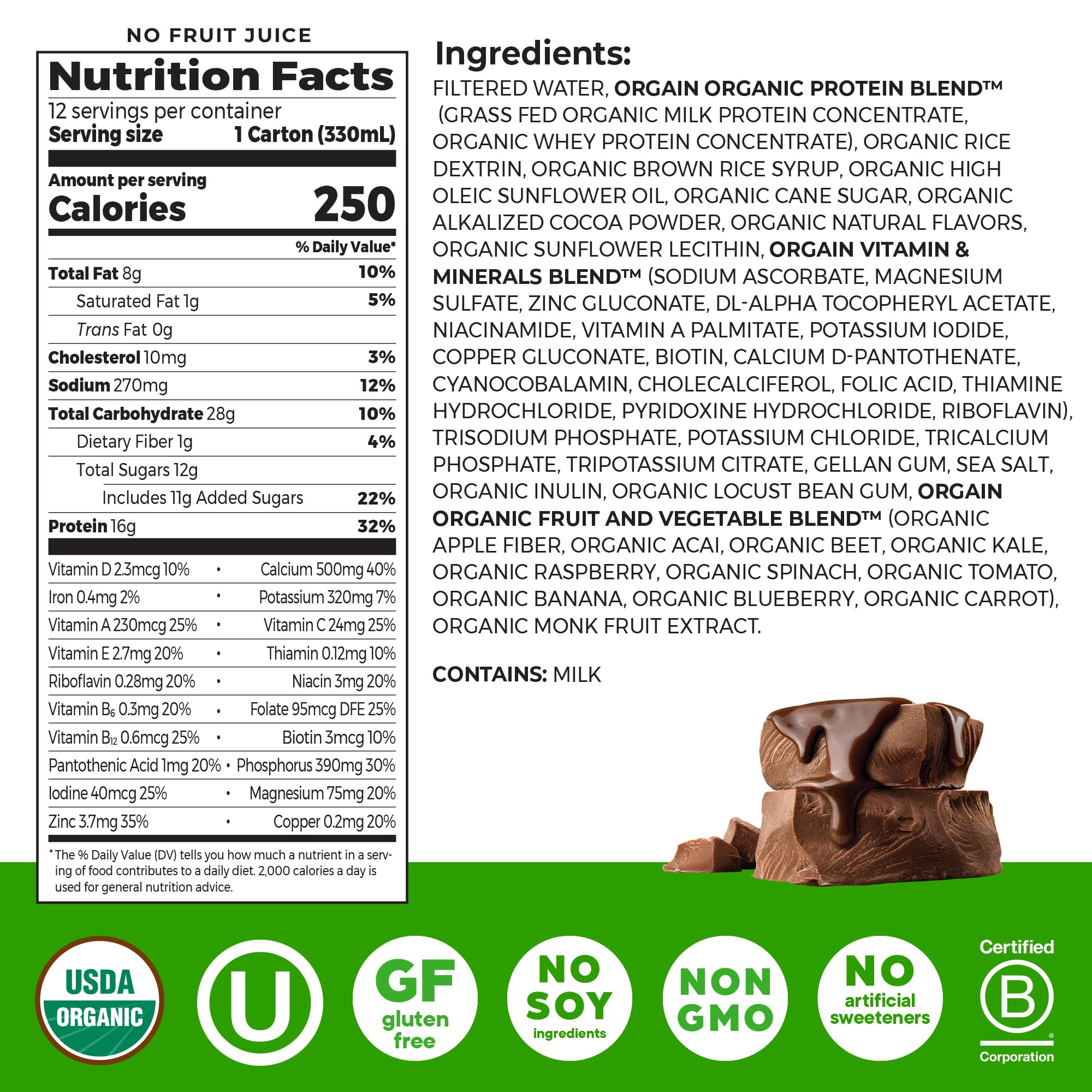 Orgain etiqueta con información nutricional y certificación orgánica visible