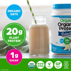 Orgain etiqueta y lista de ingredientes orgánicos resaltando transparencia
