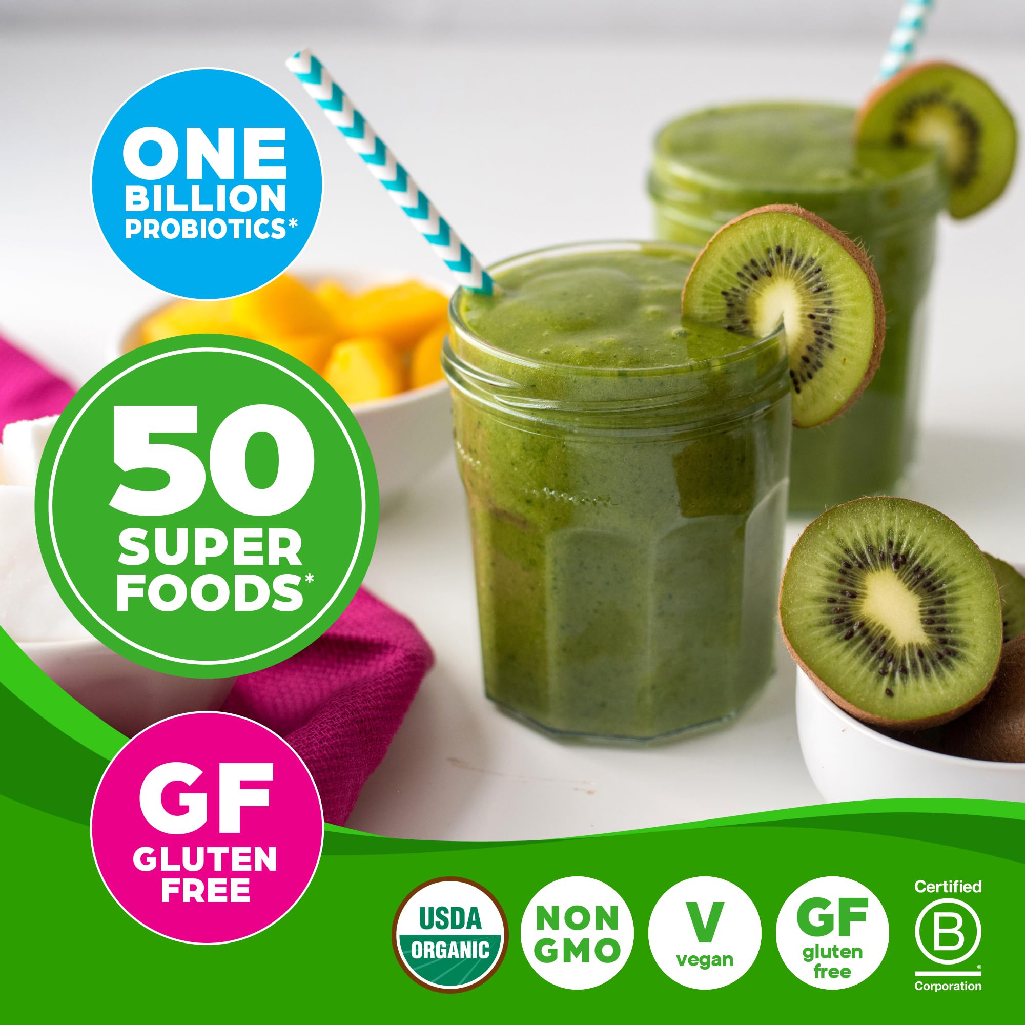 Orgain en batido servido en vaso, rápido aporte de superalimentos