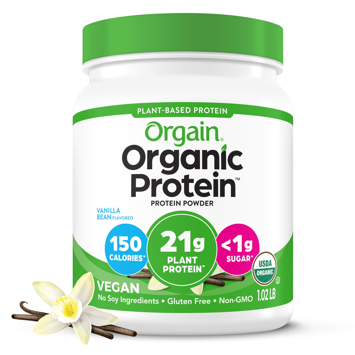 Orgain envase frente Vainilla Bean mostrando diseño y beneficio nutricional