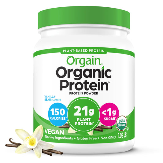 Orgain envase frente Vainilla Bean mostrando diseño y beneficio nutricional