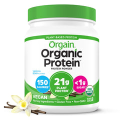 Orgain envase frente Vainilla Bean mostrando diseño y beneficio nutricional