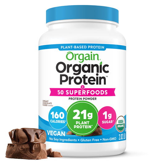 Orgain envase frontal chocolate mostrando información útil y conveniencia