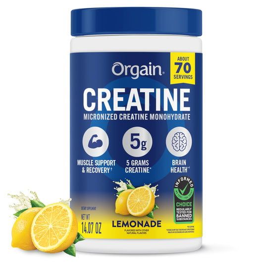 Orgain envase frontal de creatina limonada mostrando formato y sabor beneficioso