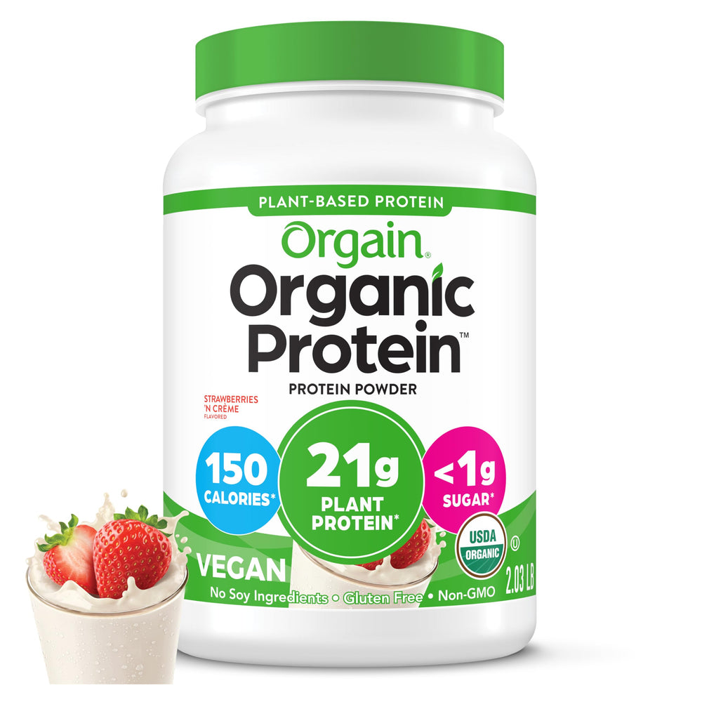 Orgain envase frontal sabor Fresas & Cream mostrando facilidad de uso