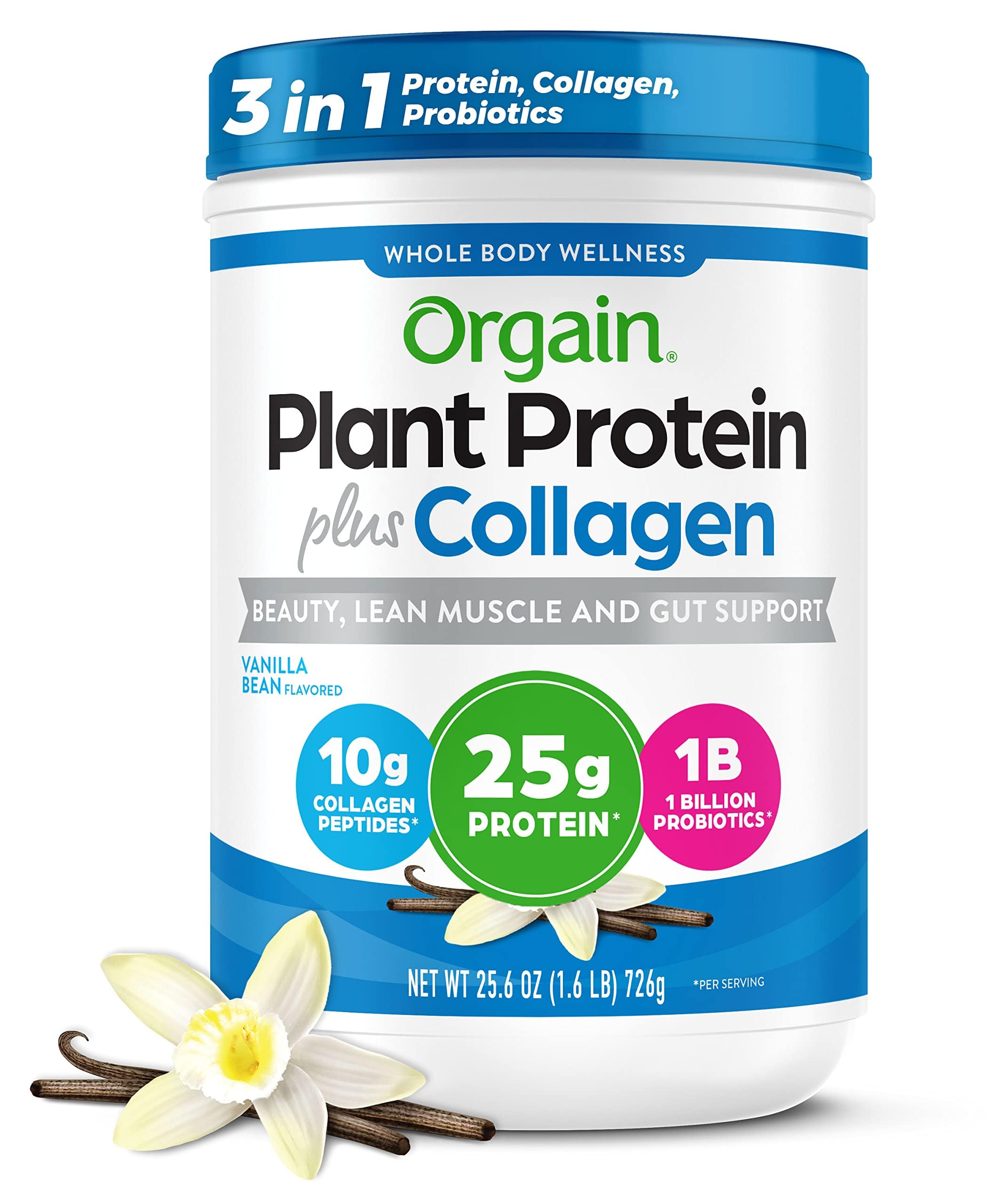 Orgain frasco frontal Vainilla Bean mostrando etiqueta clara y beneficios